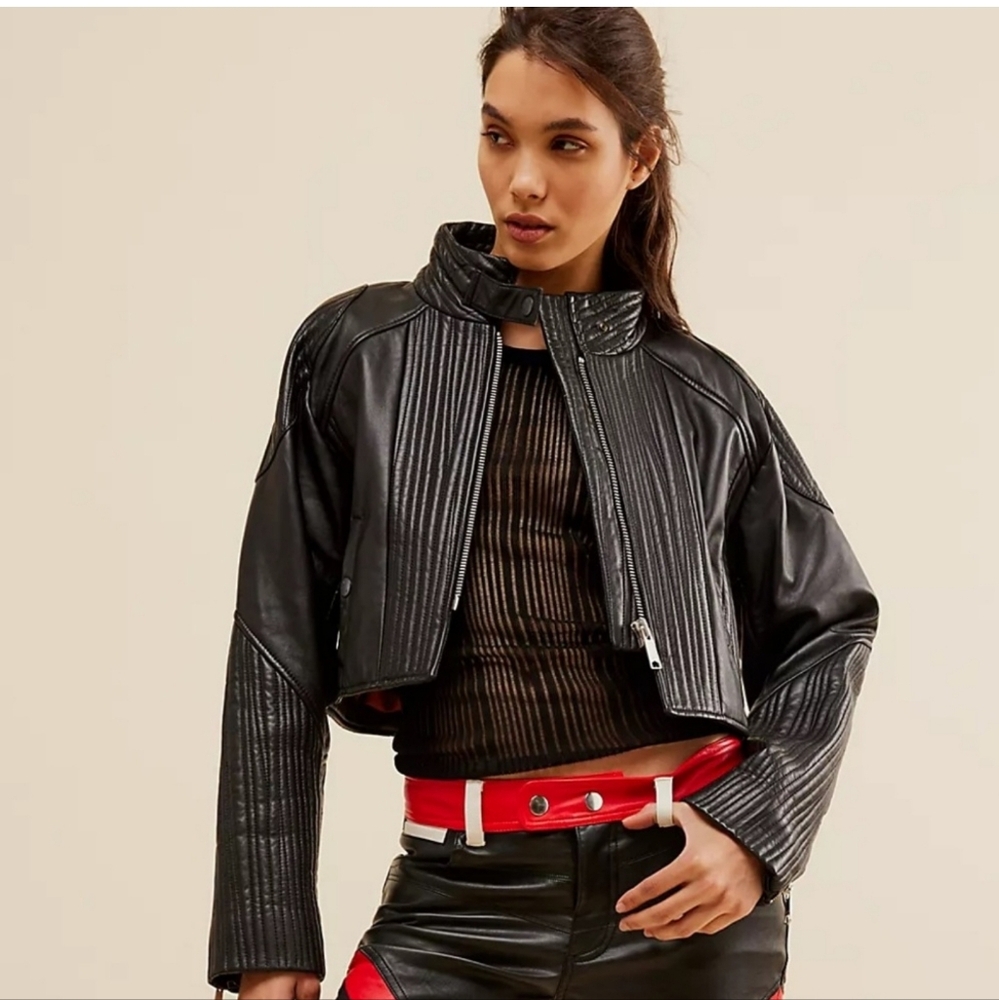 We The Free Trixie Mini Moto Leather Jacket Black Womens SIZE Medium $498 Nwot